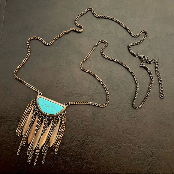 Southwest copper fringe and faux turquoise necklace - Picture 2 of 6
